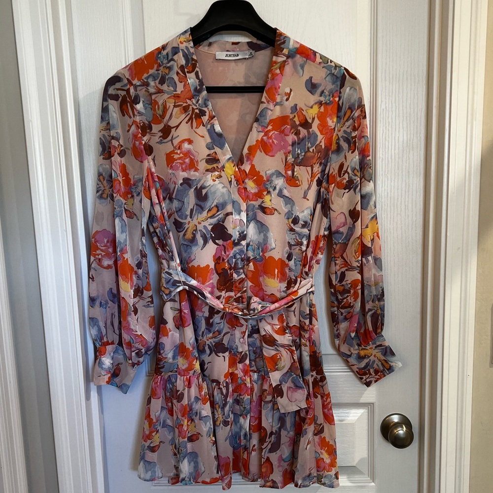 Just Fab floral dress with long sleeves and belt size medium